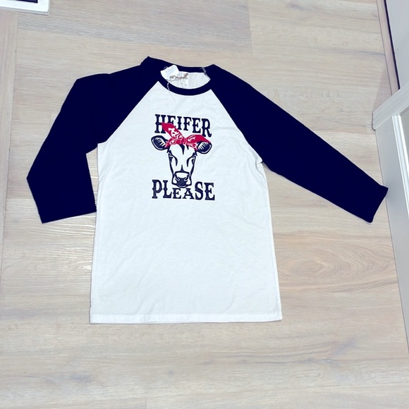 NWT HEIFER PLEASE cowgirl Cow Rodeo FFA baseball style Tee TShirt Medium M - Picture 1 of 5
